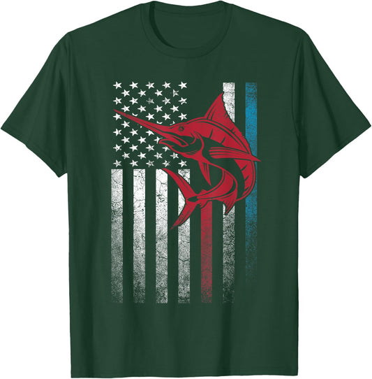 Fishing Marlin Swordfish Fish 4th of July American Flag USA Women Kids Men T-Shirt - T-Shirt | Forest