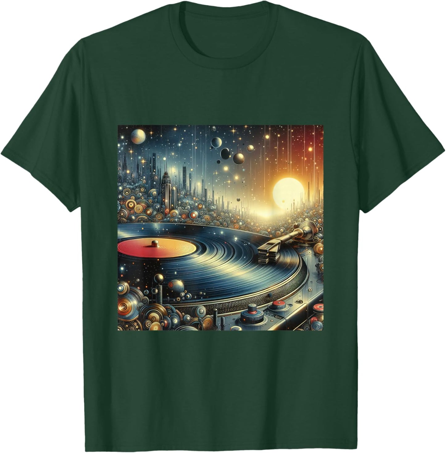 Futuristic Space City Vinyl Record Player Sci-Fi Cityscape T-Shirt - T-Shirt | Forest