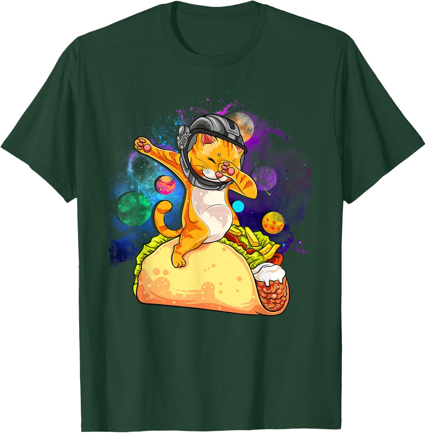 Funny Dabbing Cat Astronaut In Space Riding Taco T-Shirt - T-Shirt | Forest