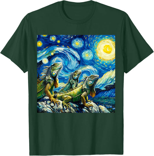 Iguana Motif Lizard Three Lizards Moon Howling Starry Night T-Shirt - T-Shirt | Forest