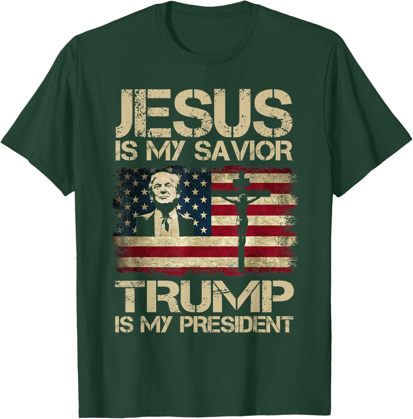 Jesus is My Savior Trump is My President Trump 2024 USA Flag T-Shirt - T-Shirt | Forest