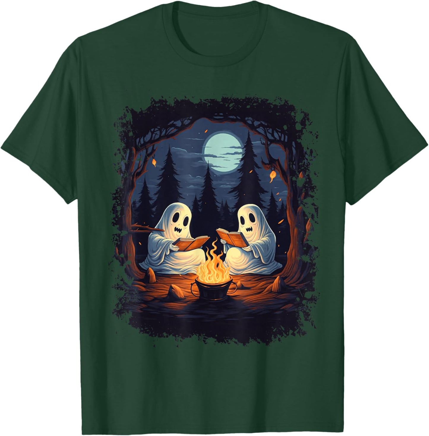 Retro Ghost Reading Books Camping Campfire Gothic Halloween T-Shirt - T-Shirt | Forest
