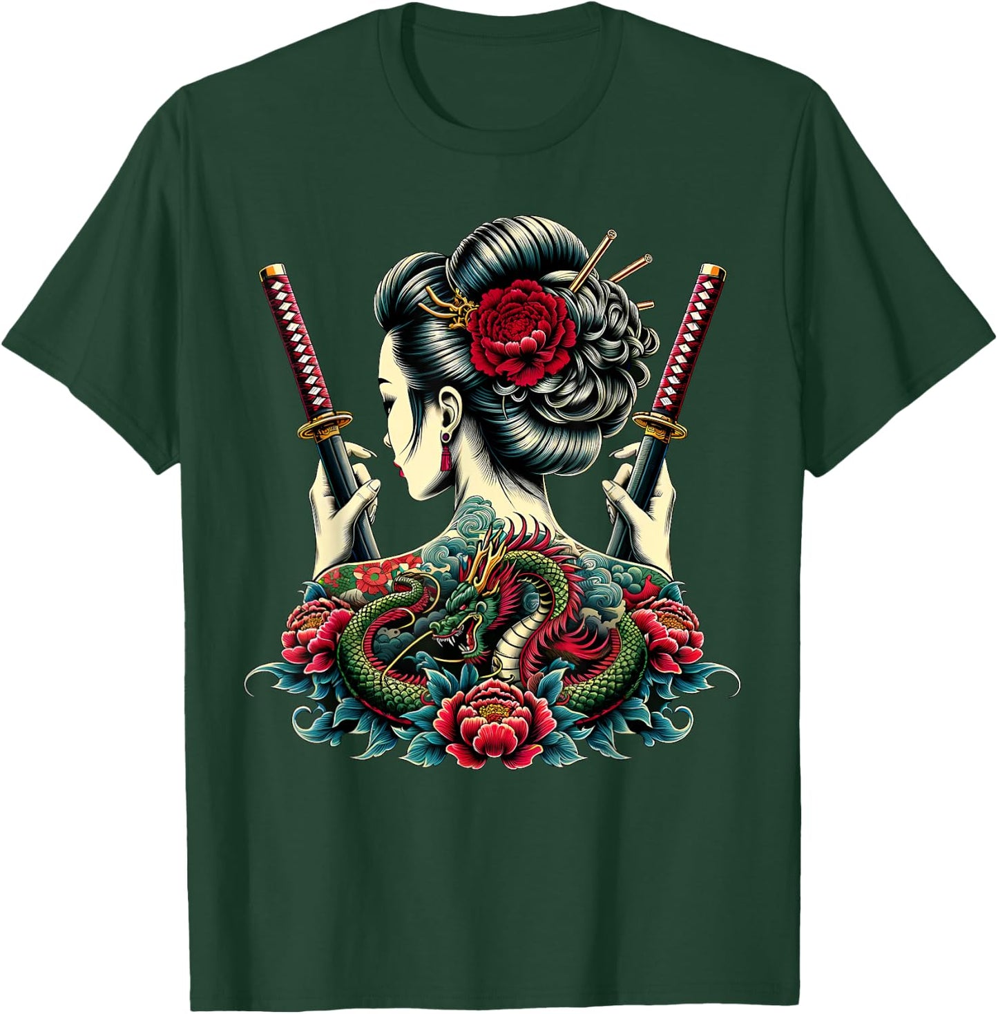 Geisha Warrior, Katana Sword with Peony flower Dragon Tattoo T-Shirt - T-Shirt | Forest