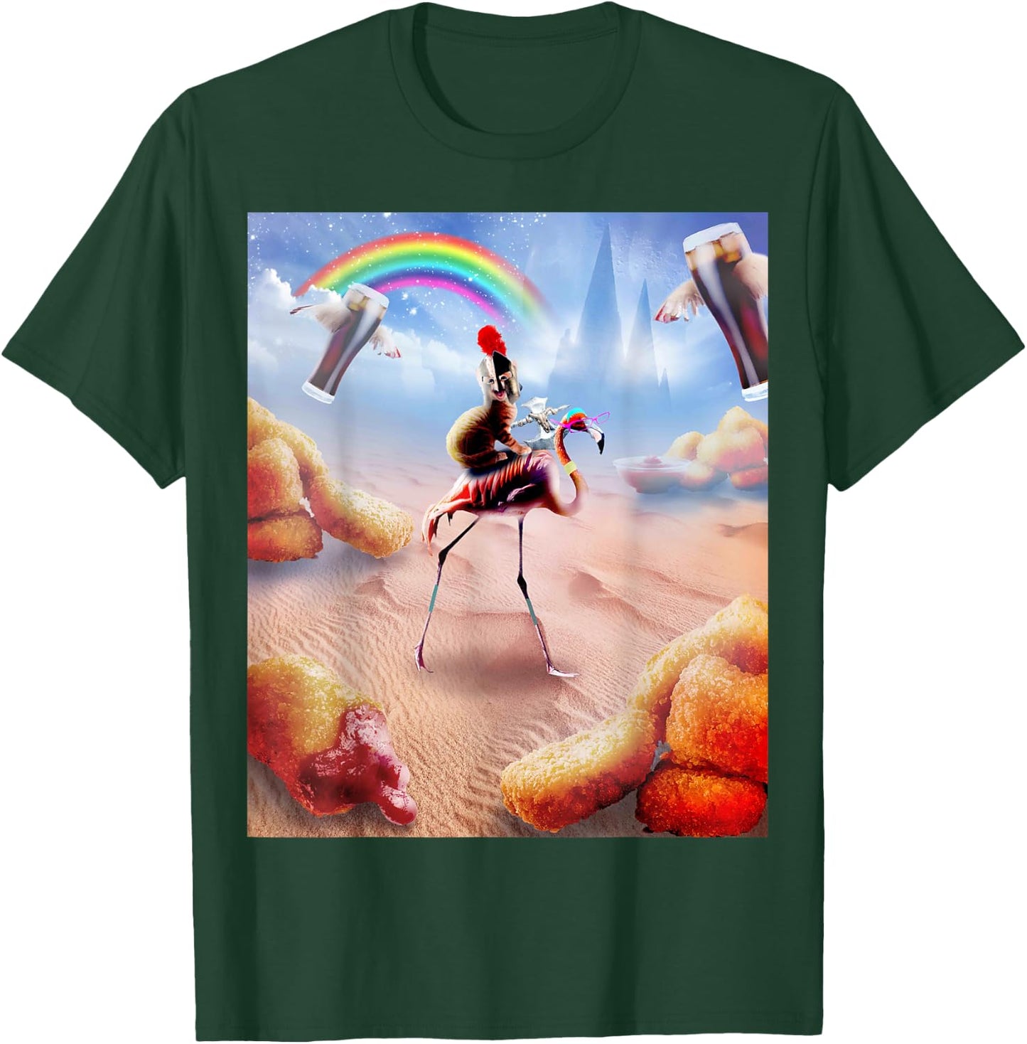 Cat Riding Flamingo With Chicken Nuggets And Cola T-Shirt - T-Shirt | Forest