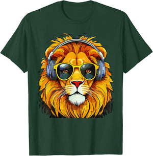 Artistic Lion with Sunglasses and Headphones Lions T-Shirt - T-Shirt | Forest