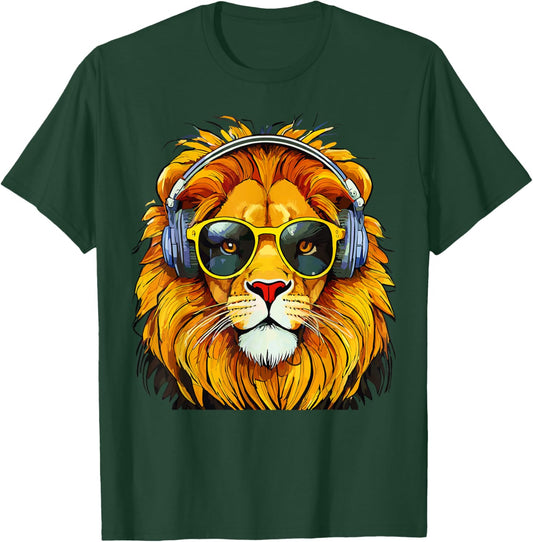 Artistic Lion with Sunglasses and Headphones Lions T-Shirt - T-Shirt | Forest