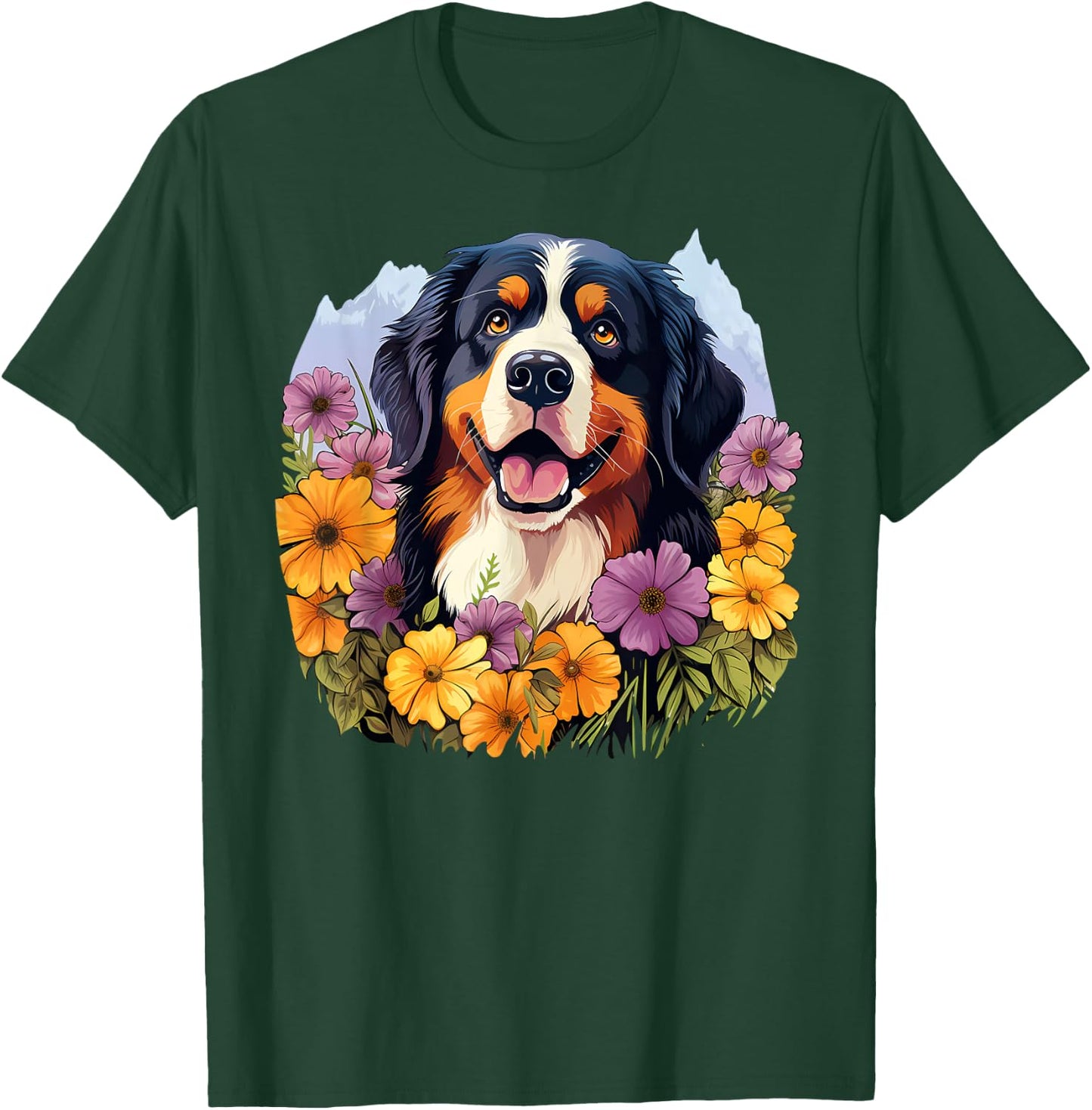 Cute Bernese Mountain Dog in Spring Flower Garden Puppy Men Women Girls Kids T-Shirt - T-Shirt | Forest