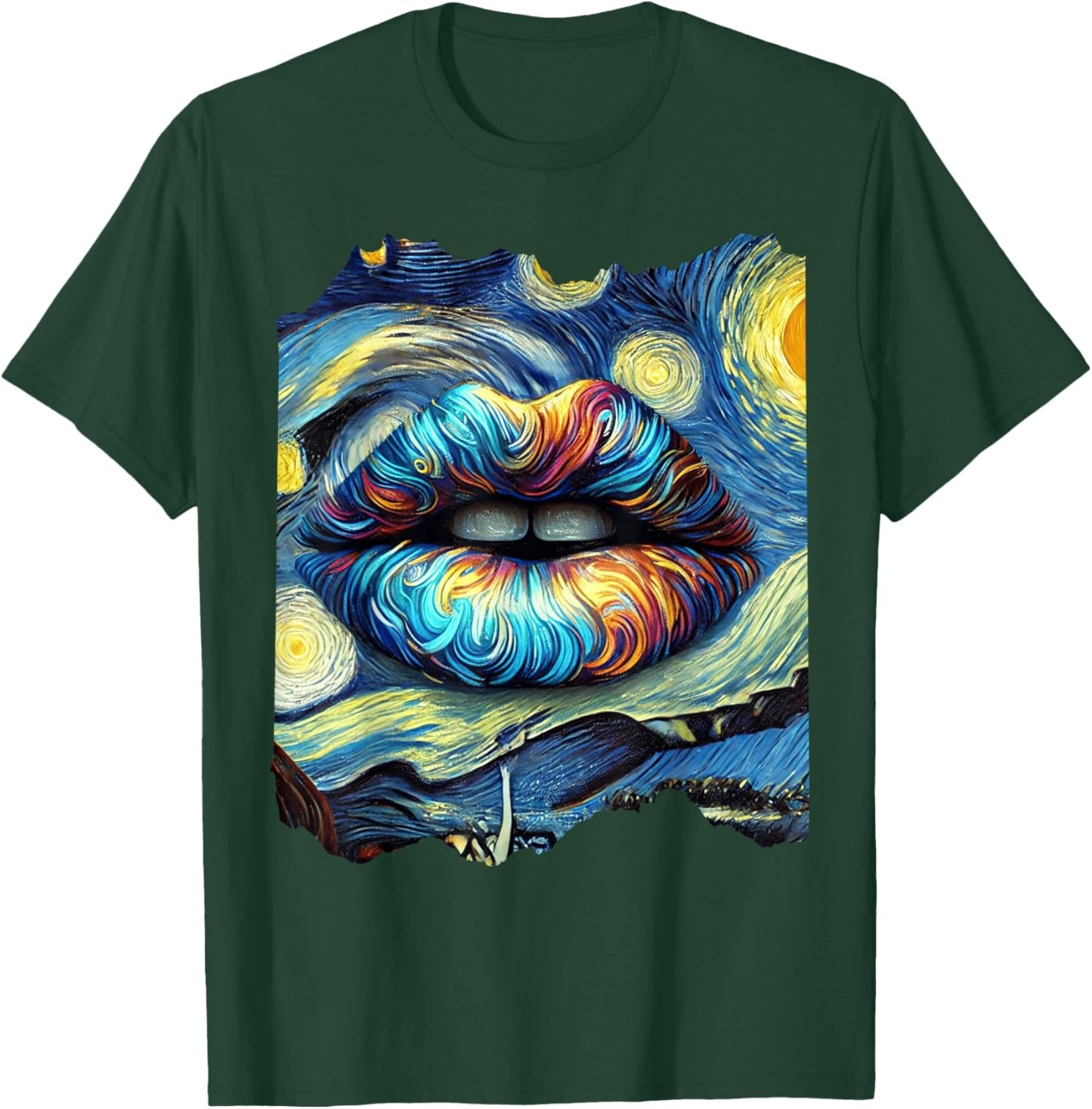 Lips Fashion Van Gogh Art Painting Star Sky Night Lips T-Shirt - T-Shirt | Forest