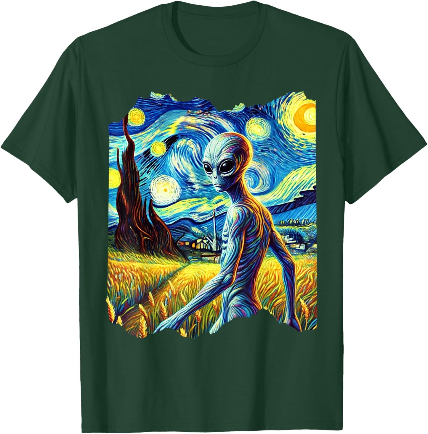 Alien Van Gogh Art Painting Star Sky Night Aliens T-Shirt - T-Shirt | Forest