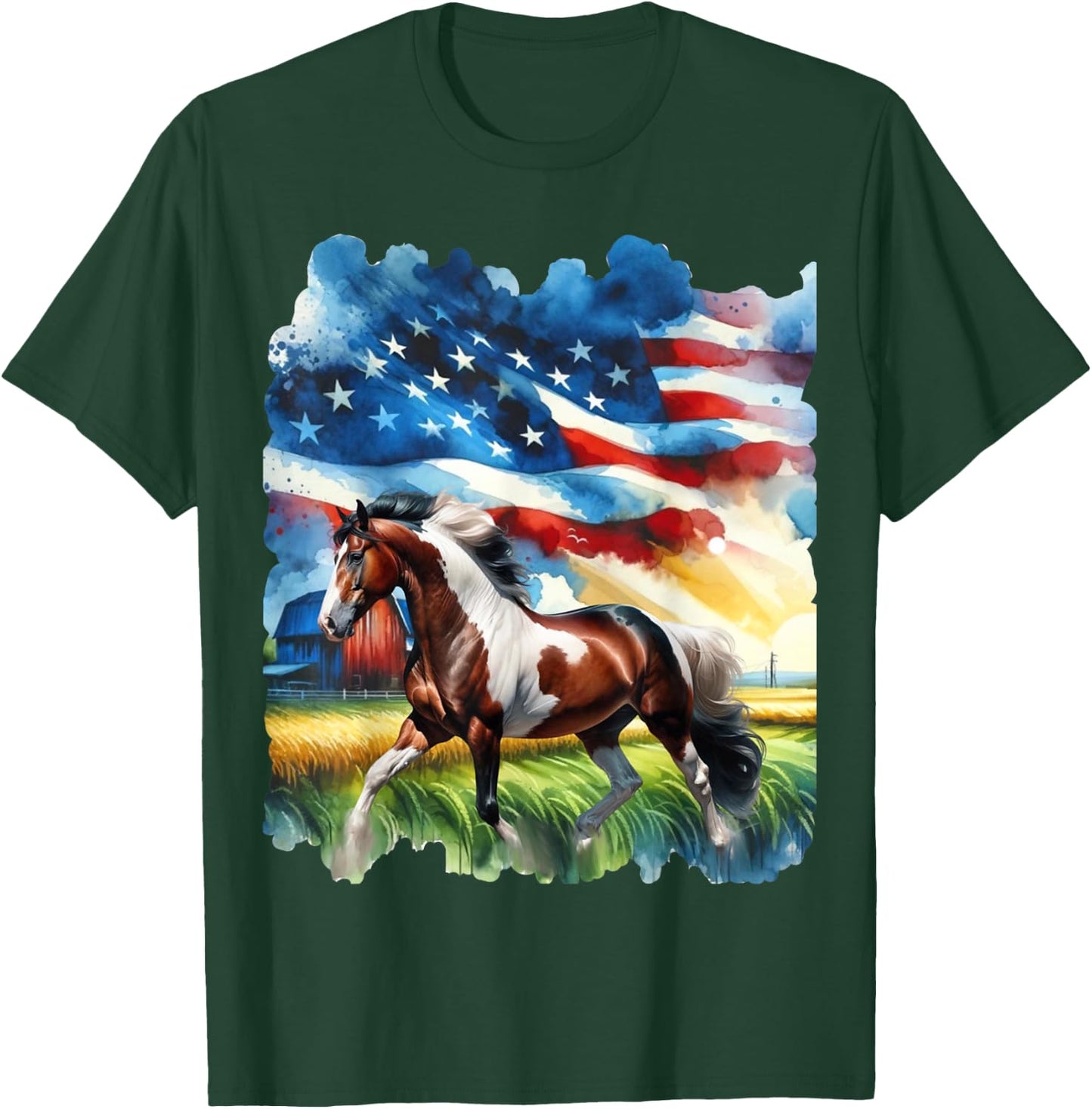 Patriotic Country Paint Horse with American Flag Women Kids Men T-Shirt - T-Shirt | Forest