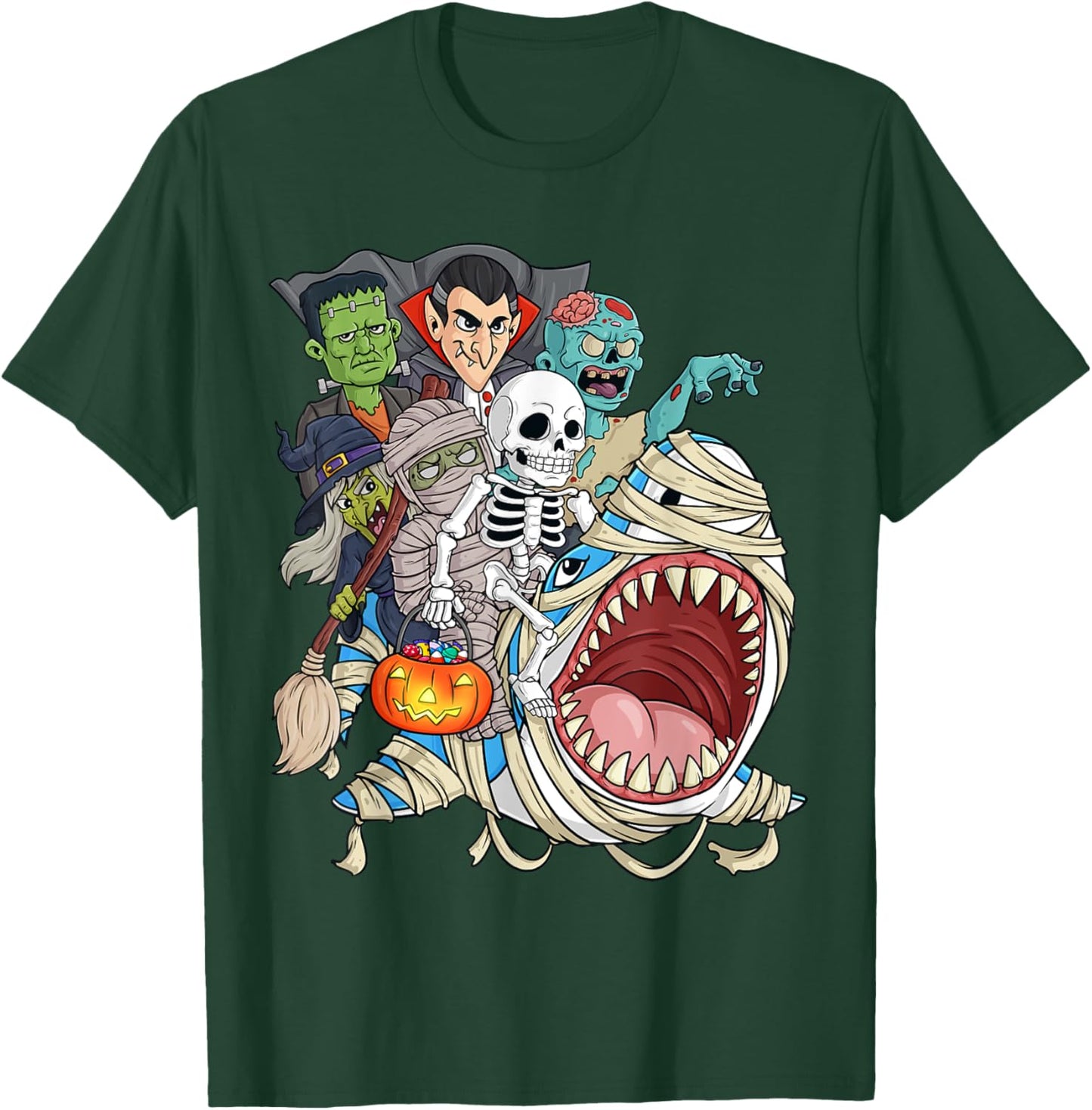 Skeleton Zombie Riding Mummy Shark Vampire Halloween Pumpkin T-Shirt - T-Shirt | Forest