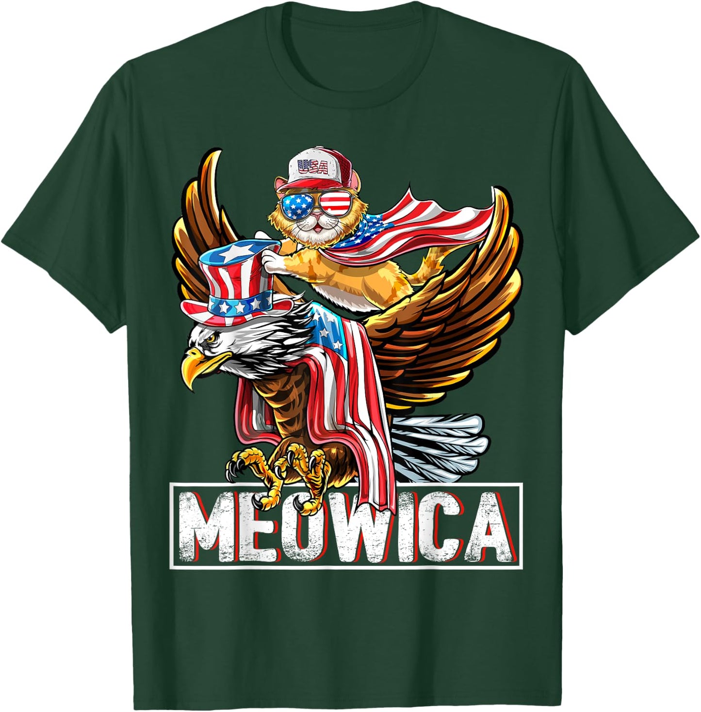Meowica Cat Bald Eagle 4th of July Patriotic American Flag Women Kids Men T-Shirt - T-Shirt | Forest