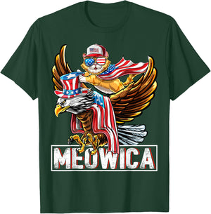 Meowica Cat Bald Eagle 4th of July Patriotic American Flag Women Kids Men T-Shirt - T-Shirt | Forest