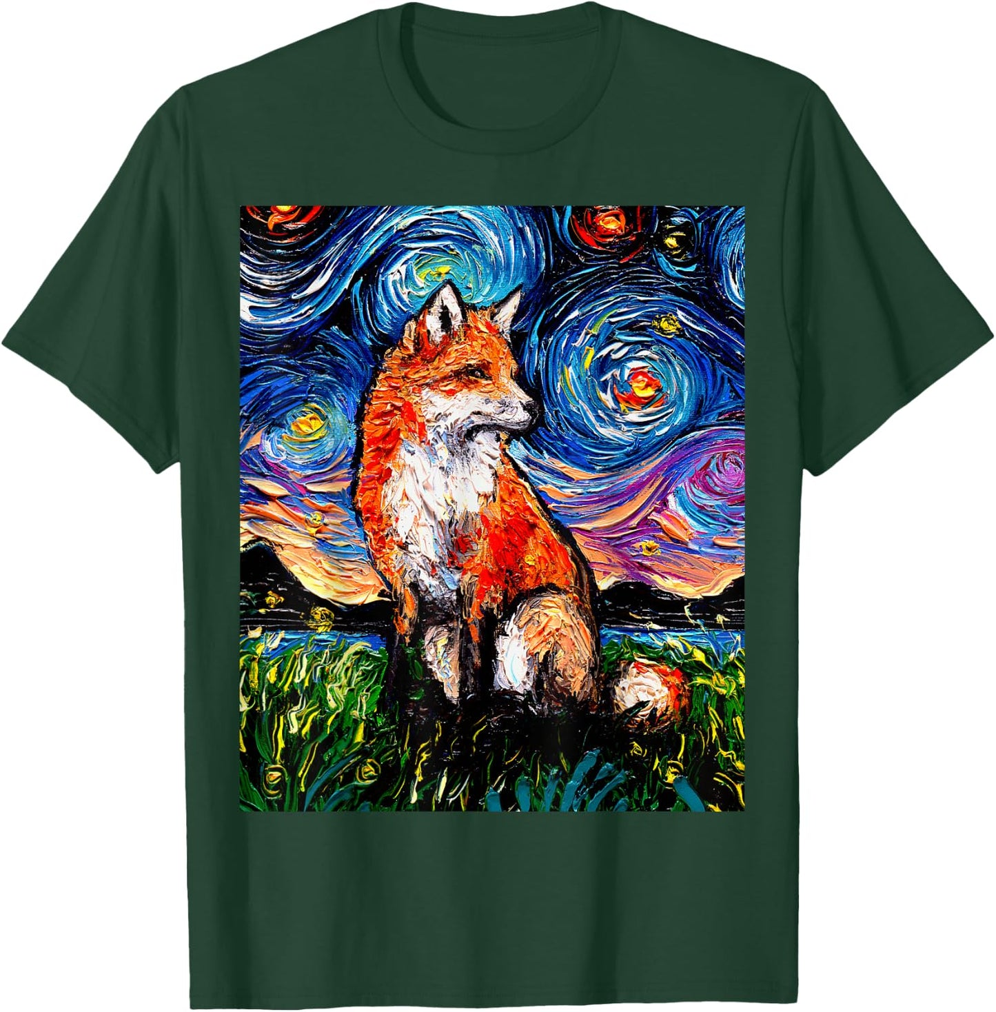 Red Fox Starry Night Animal Art by Aja T-Shirt - T-Shirt | Forest