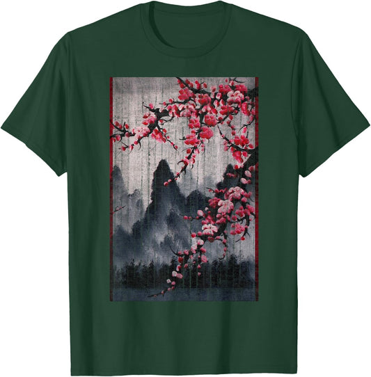 Vintage Cherry Blossom Woodblock Japanese Graphical Art T-Shirt - T-Shirt | Forest