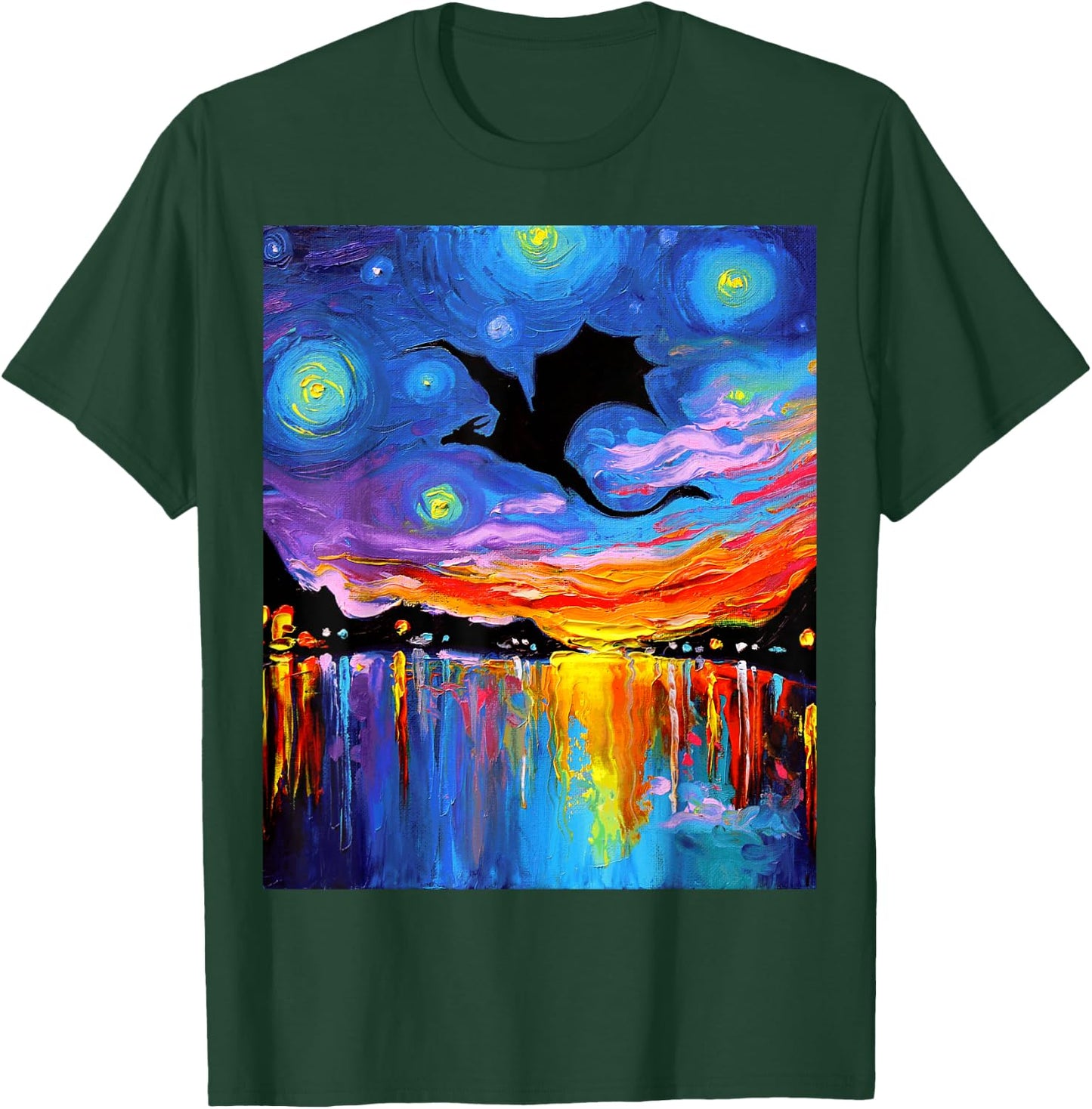 Flying Dragon Silhouette Sunset Starry Night Fantasy Art T-Shirt - T-Shirt | Forest