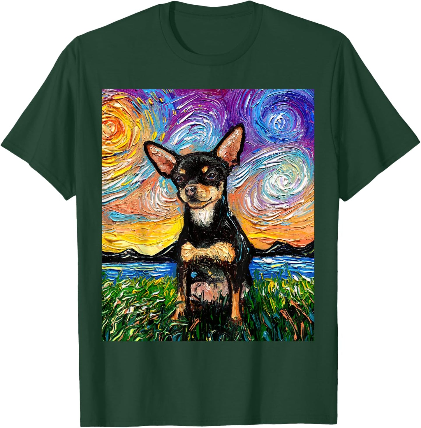 Black and Tan Smooth Chihuahua Starry Night Dog Artwork T-Shirt - T-Shirt | Forest