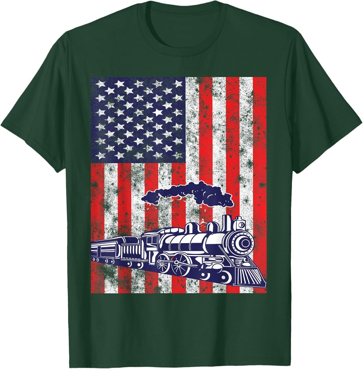 Train Locomotive Engine USA American Flag 4th of July T-Shirt - T-Shirt | Forest