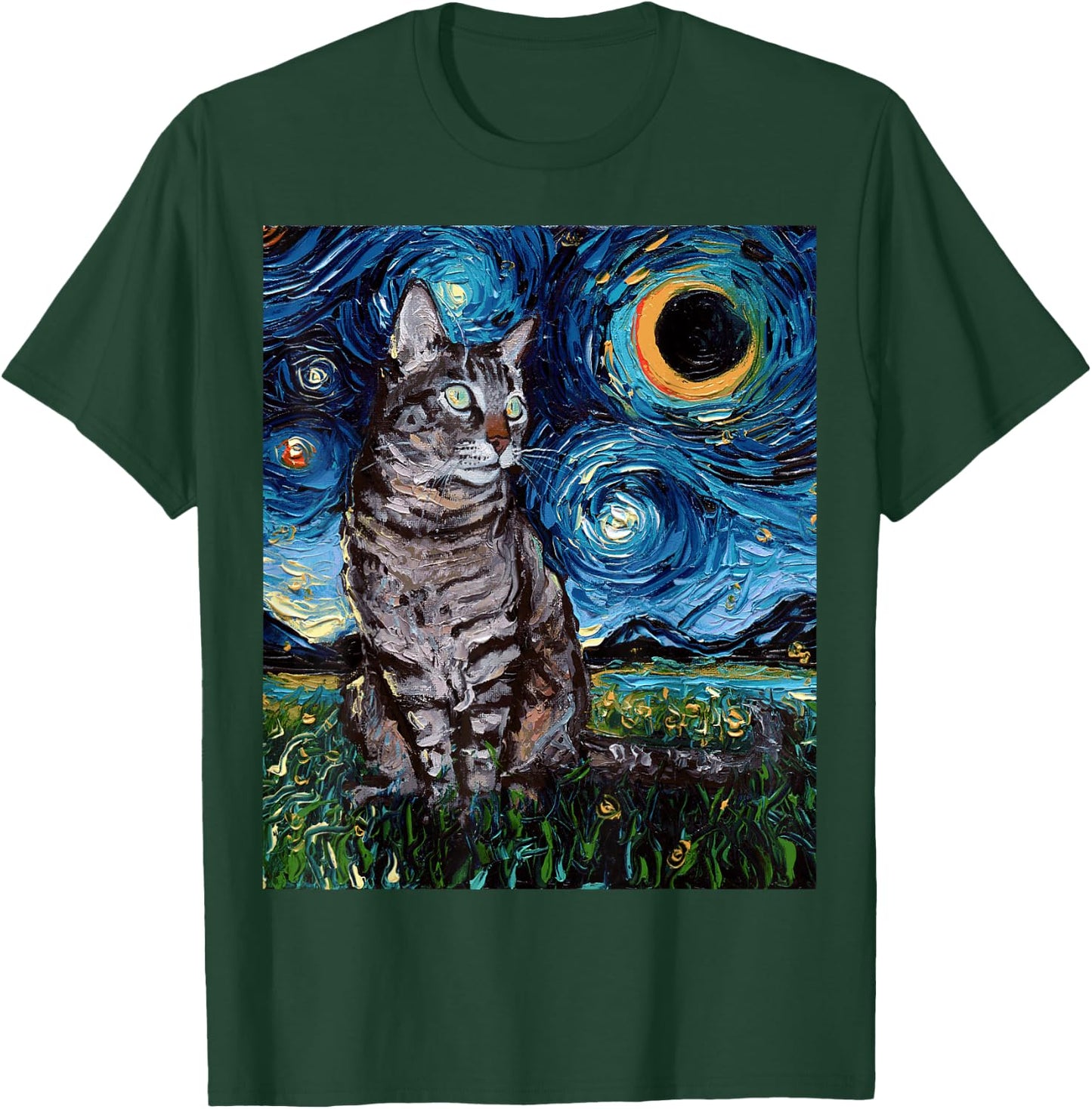 Gray Tabby Tiger Cat Starry Night Moon and Stars Art by Aja T-Shirt - T-Shirt | Forest