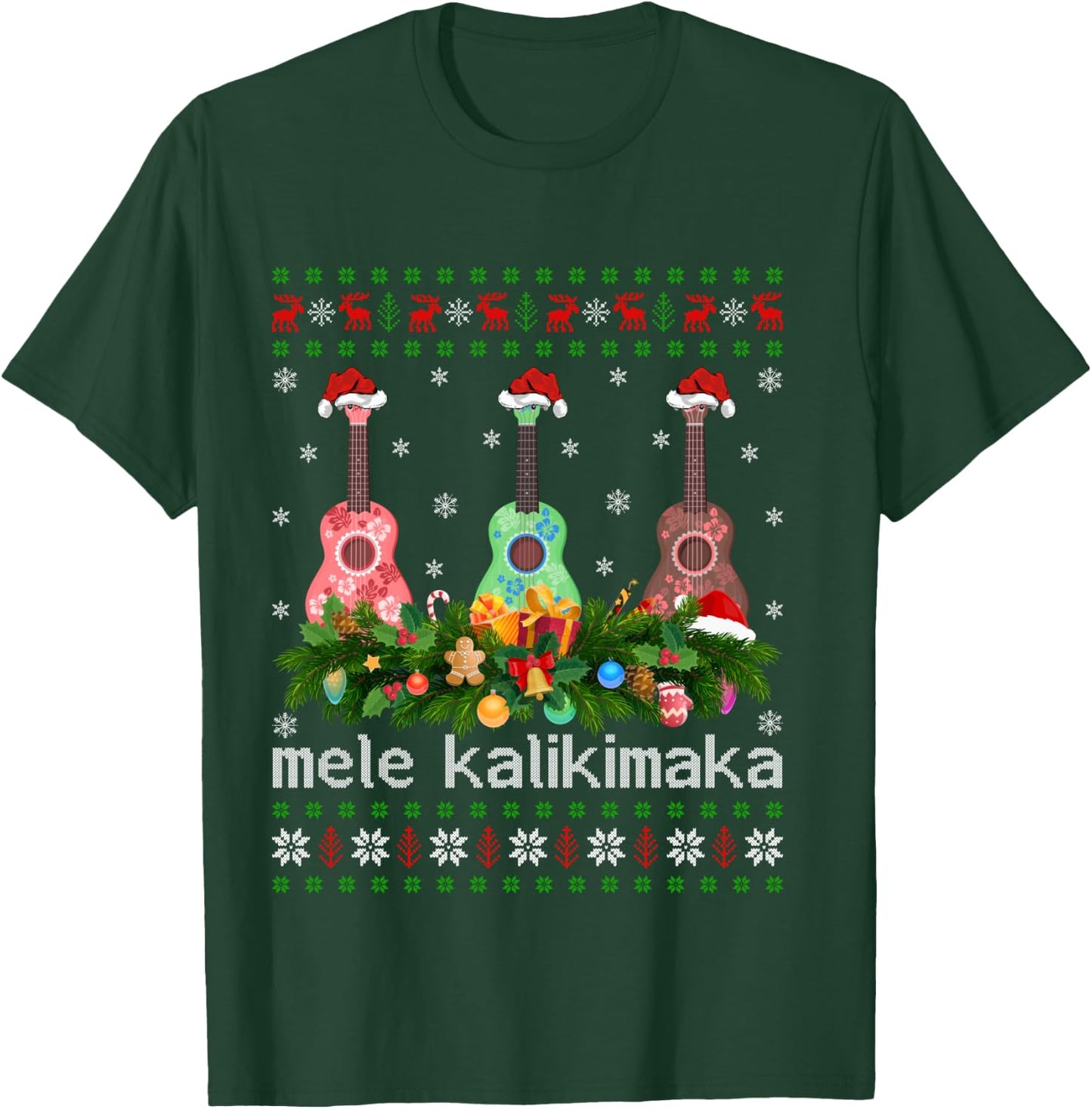 Mele Kalikimaka Ukulele Guitar Gift Ugly Ukulele Christmas T-Shirt - T-Shirt | Forest