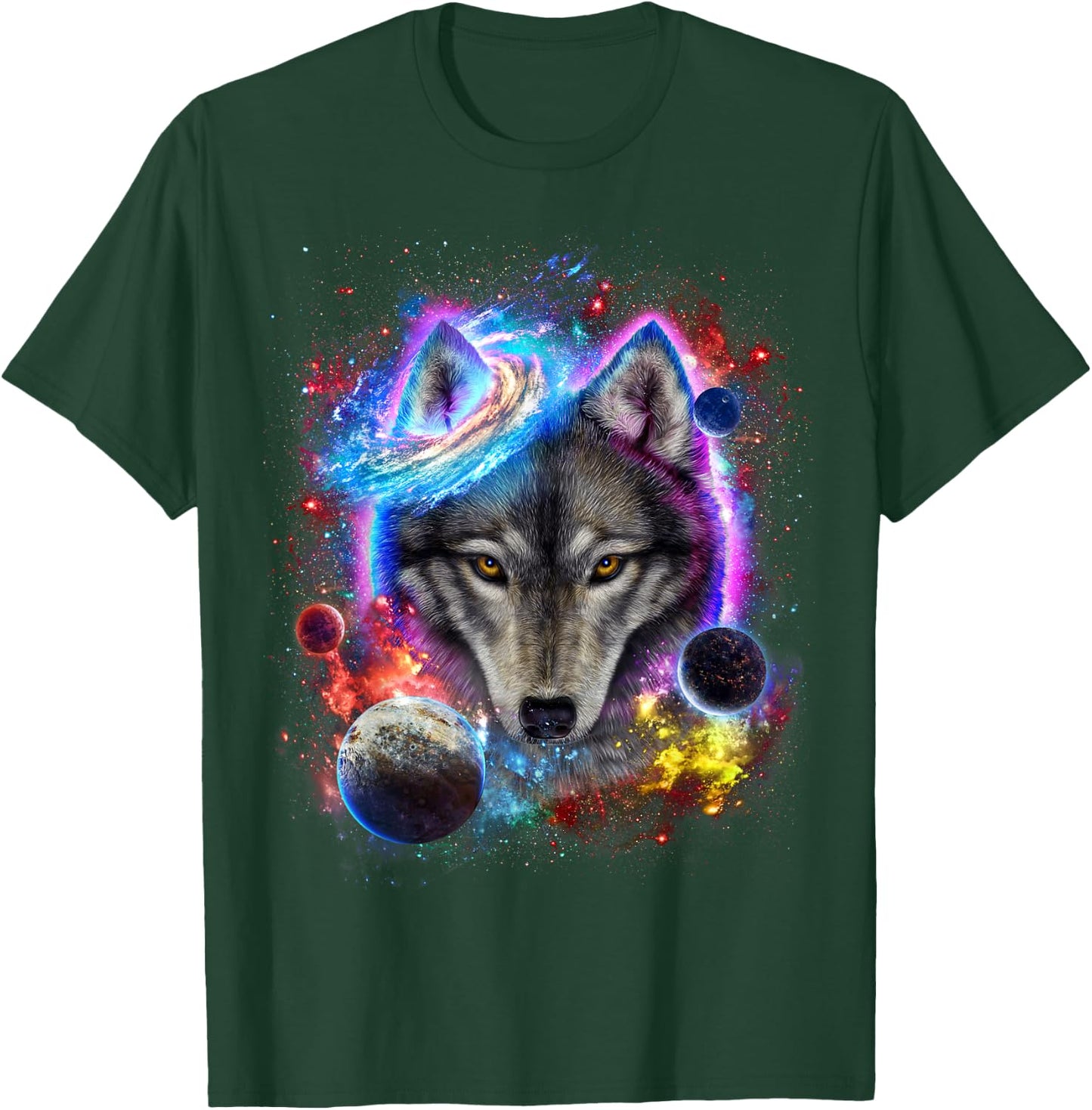 Cosmic Wolf Surrounded by Planet and Stars in Galactic Scene T-Shirt - T-Shirt | Forest