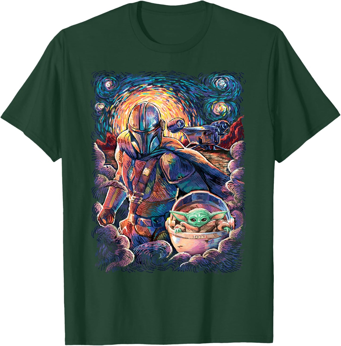 Star Wars The Mandalorian & The Child Starry Night Style T-Shirt - T-Shirt | Forest