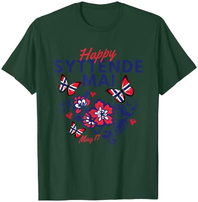 Happy Syttende Mai 17 May Norway Rosemaling Butterflies Flag T-Shirt - T-Shirt | Forest