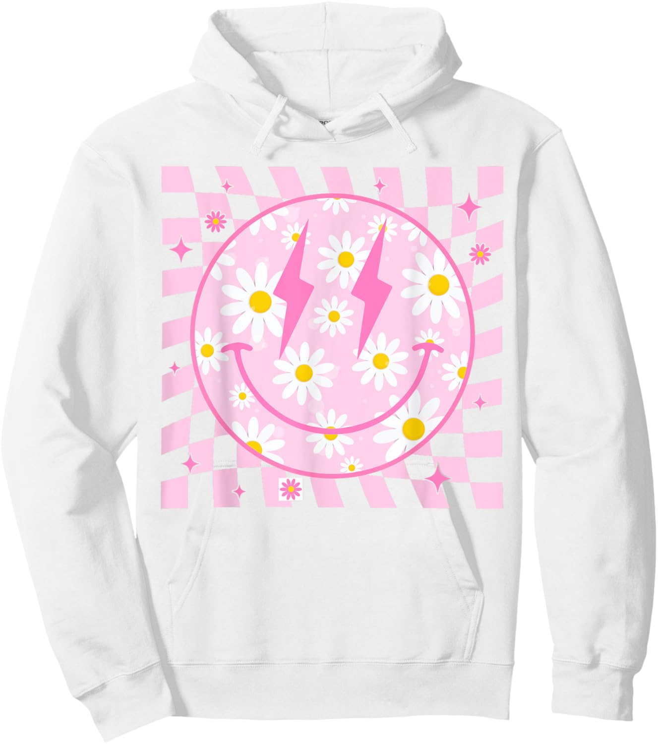 Retro Happy Smile Face Checkered Pattern Pink Daisy Flower Hoodie - Hoodie | White