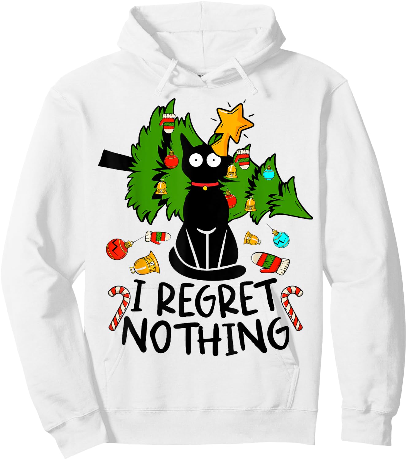 I Regret Nothing, Cat Christmas Tree Funny Black Cat Graphic Hoodie - Hoodie | White