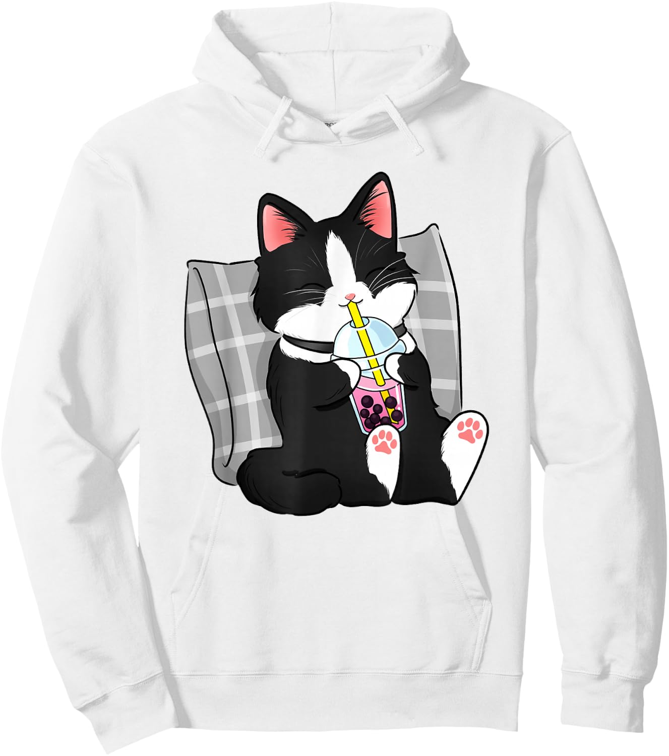 Tuxedo Cat Illustration Drinking Boba Milk Tea Design Hoodie - Hoodie | White