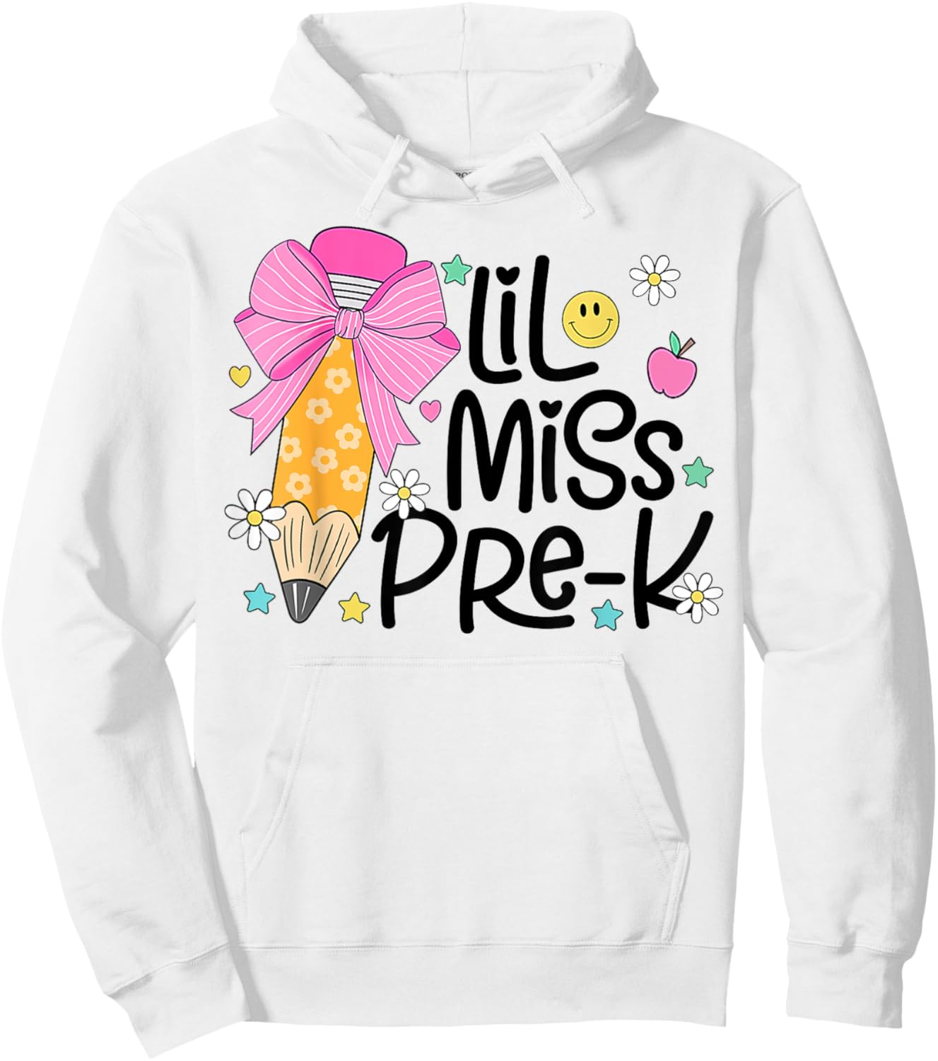 Little Miss Pre-K Kids Girls Pencil Bow First Day Of School Hoodie - Hoodie | White