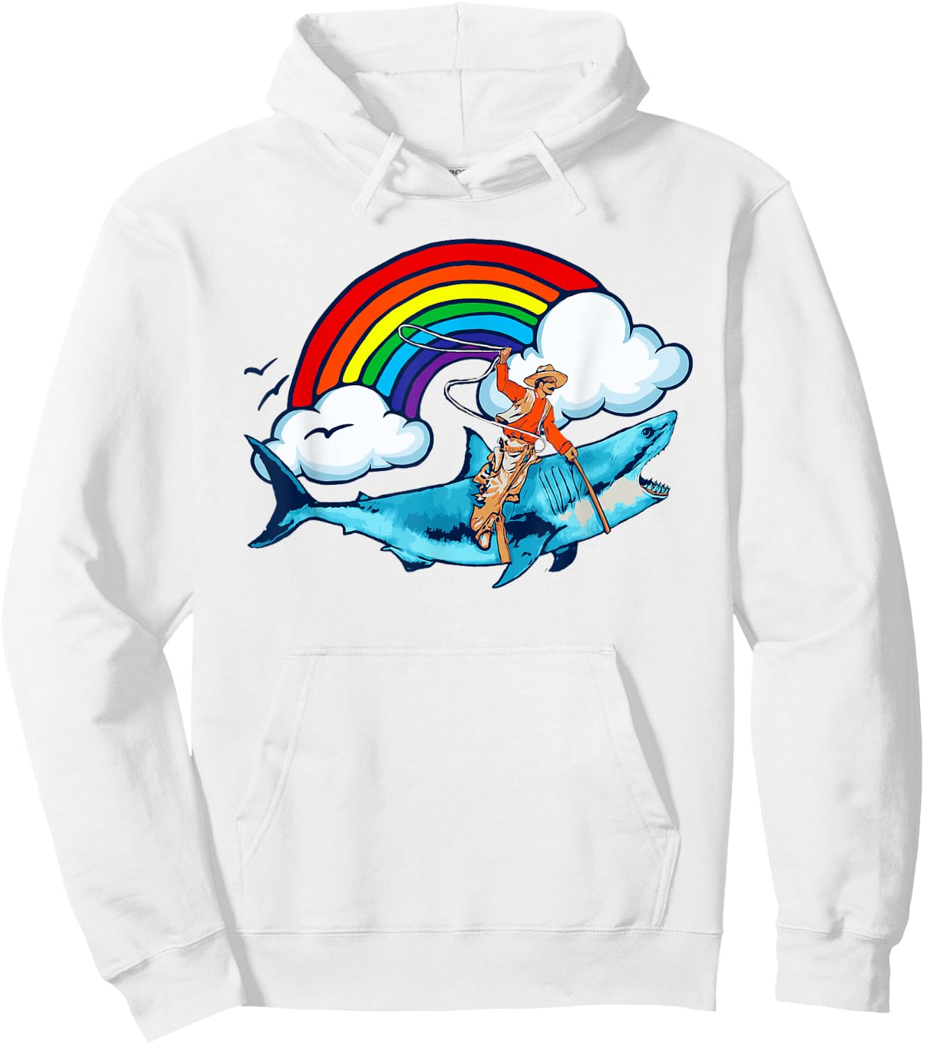 Shark Lover Rodeo Cowboy Riding Great White Rainbow Funny Hoodie - Hoodie | White