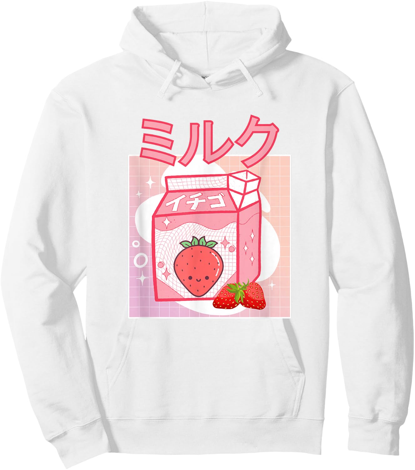 Cute Pink Strawberry Milk Japanese Kawaii Retro 90s Anime Hoodie - Hoodie | White