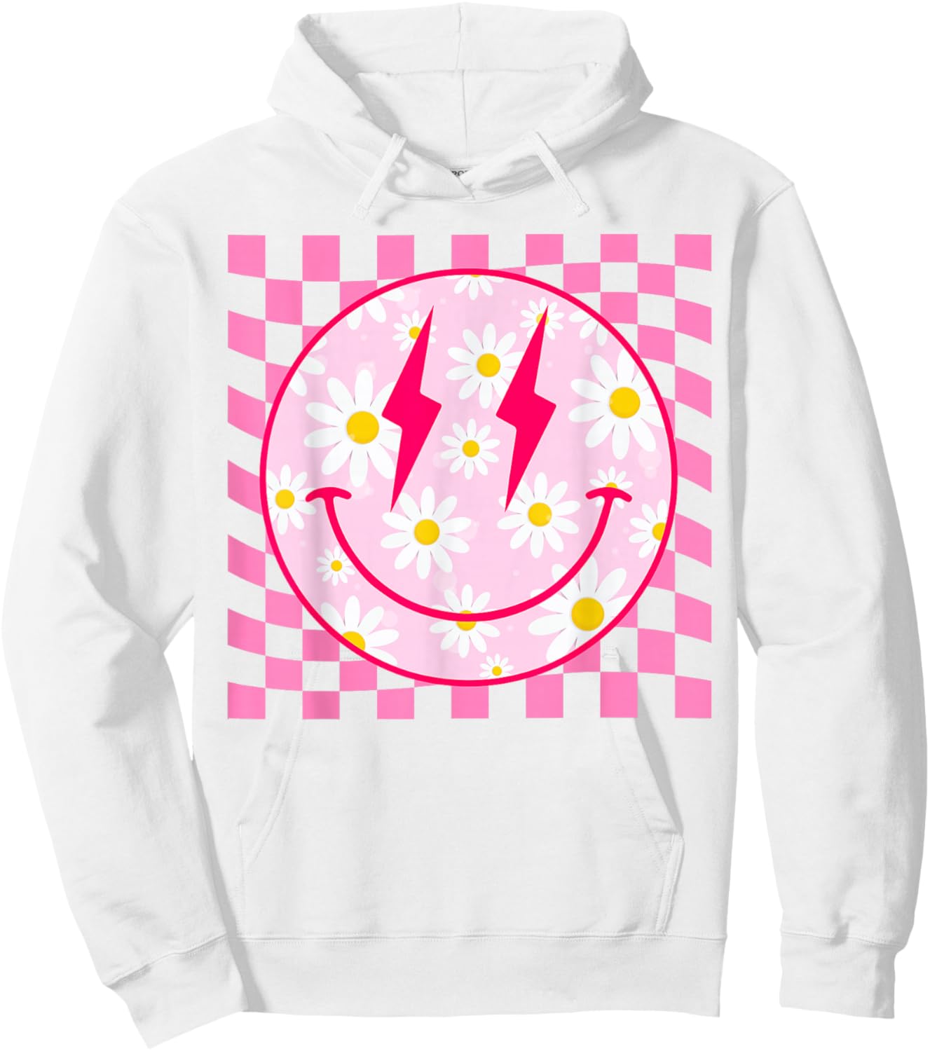 Retro Happy Smile Face Pink Daisy Flower Checkered Pattern Hoodie - Hoodie | White