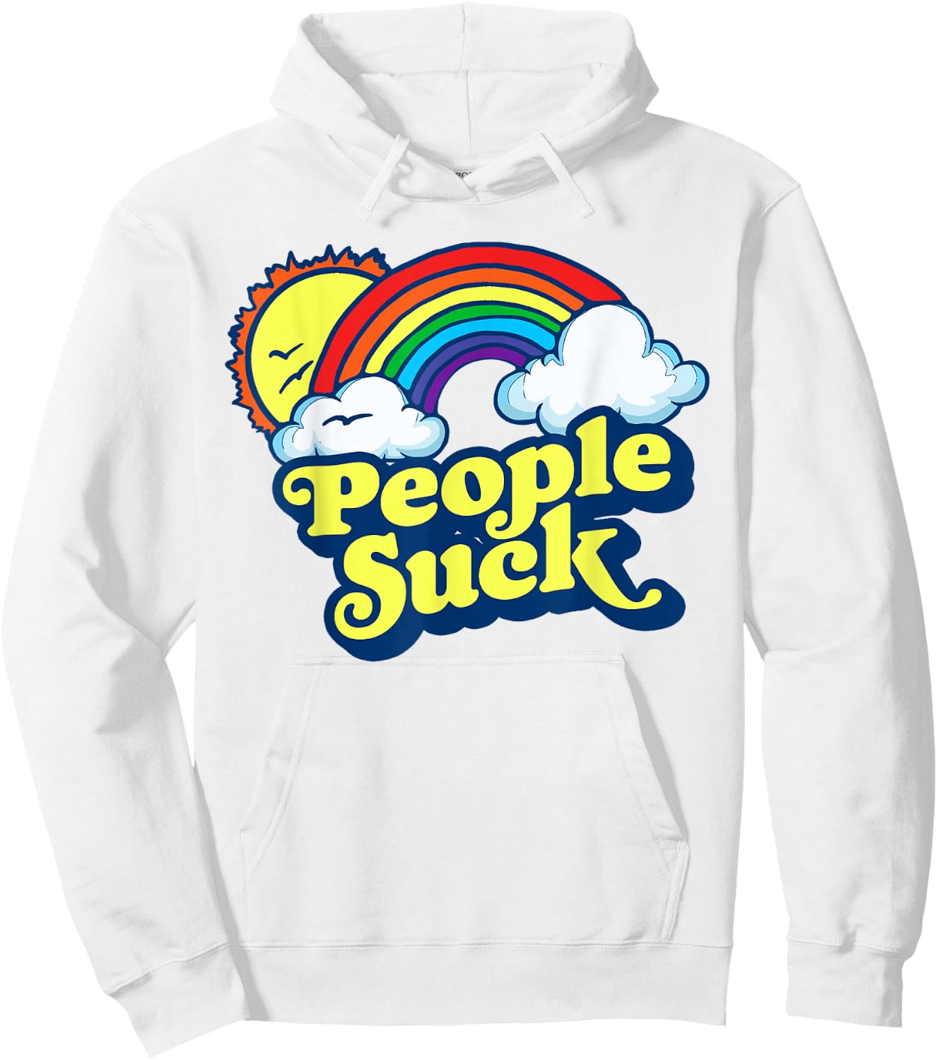 People Suck Funny 80s Clouds & Rainbow Introvert Graphic Hoodie - Hoodie | White