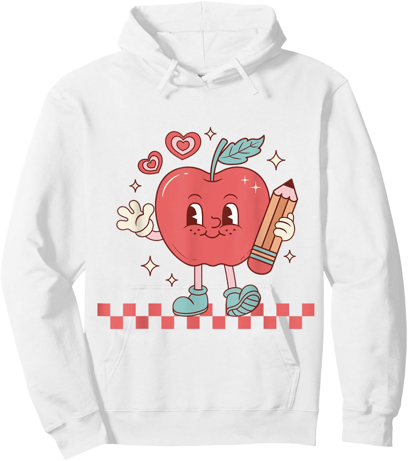 Cute Retro Checkered Apple with Face Teacher Pencil Trendy Hoodie - Hoodie | White