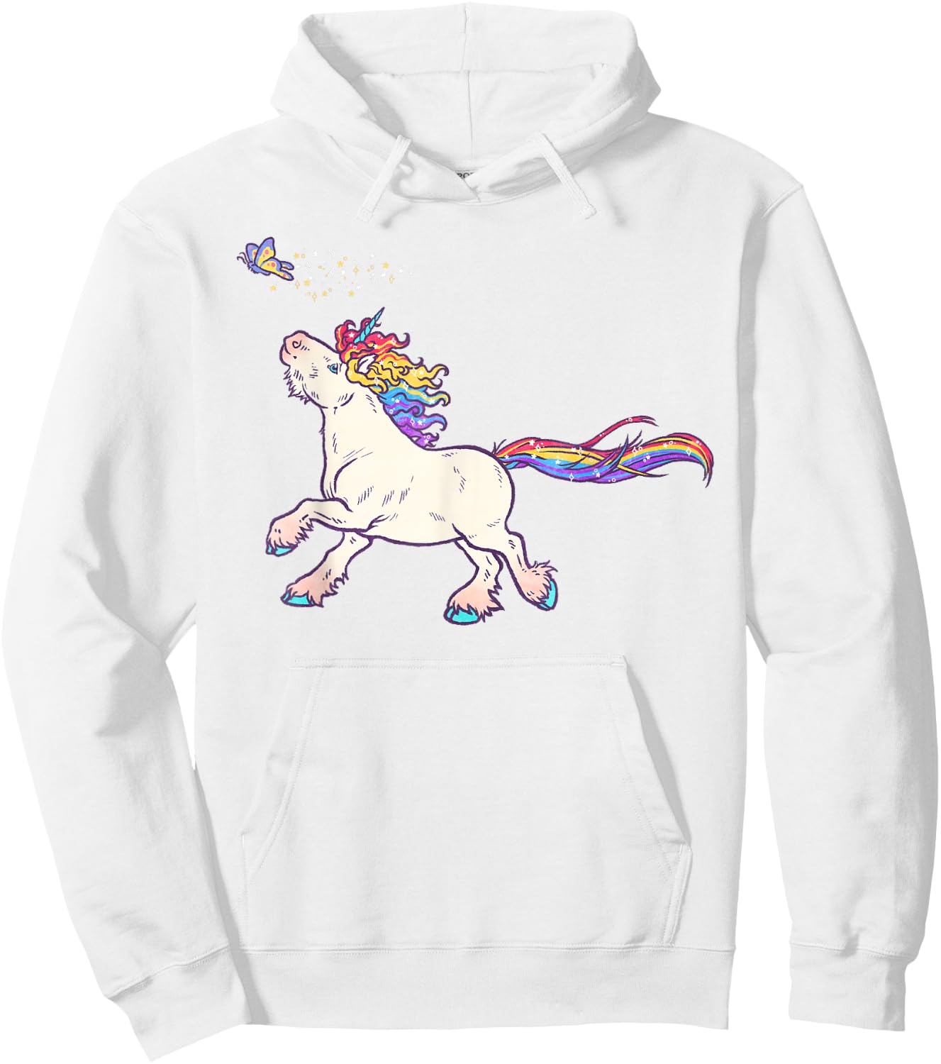 Cute Rainbow Unicorn Chasing Butterfly Hoodie - Hoodie | White