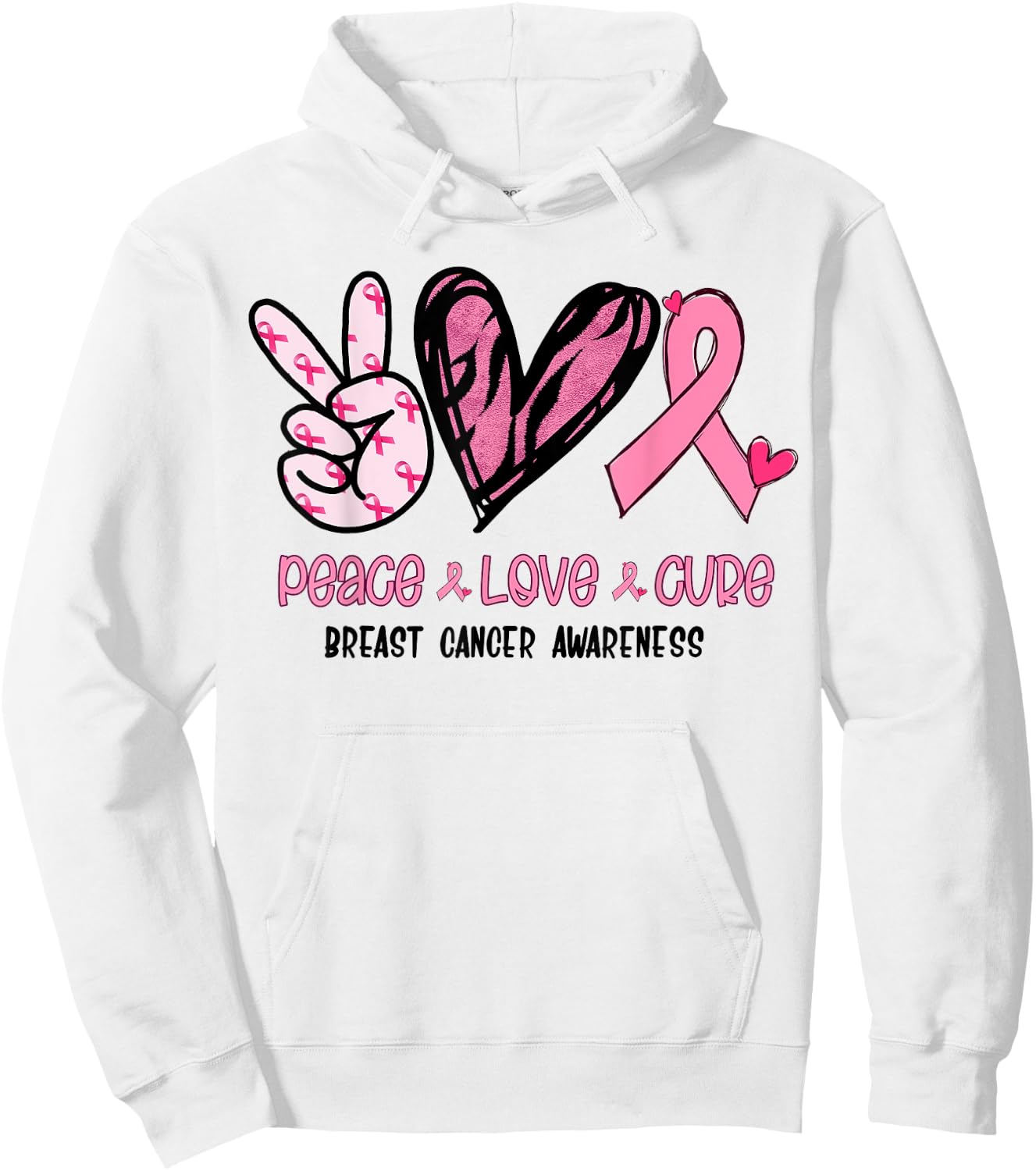 Breast Cancer Peace Love Cure In October We Wear Pink Ribbon Hoodie - Hoodie | White