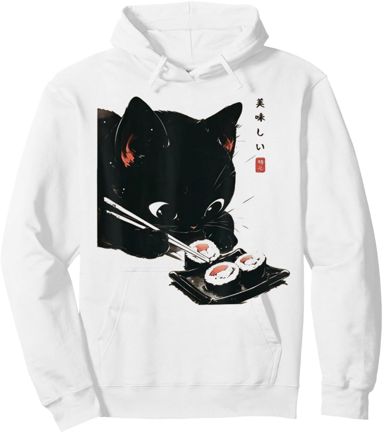 Black Cat Eating Sushi - Cat Japanese Art Women Hoodie - Hoodie | White
