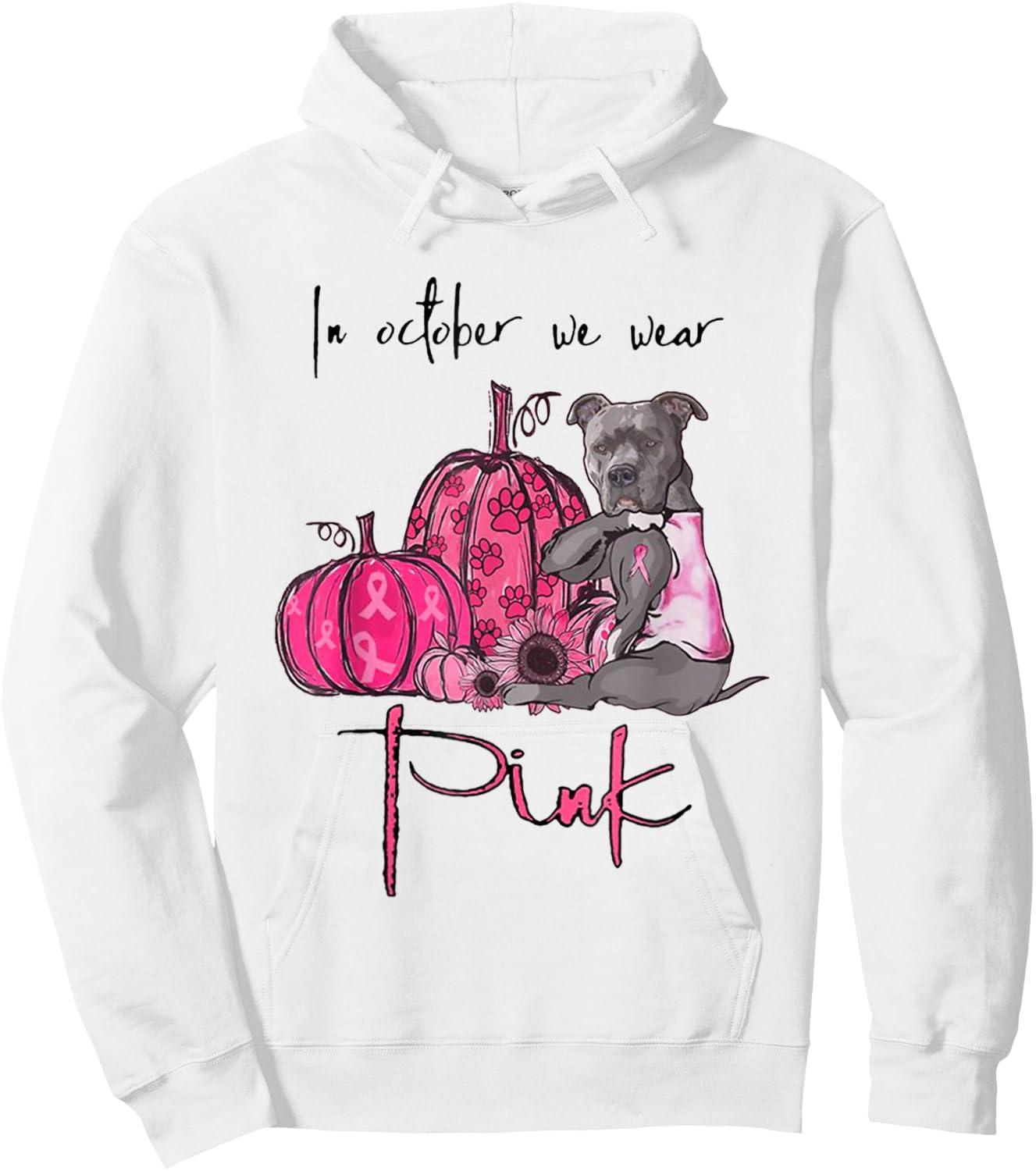 In October We Wear Pink - Breast Cancer Awareness Pitbull Hoodie - Hoodie | White