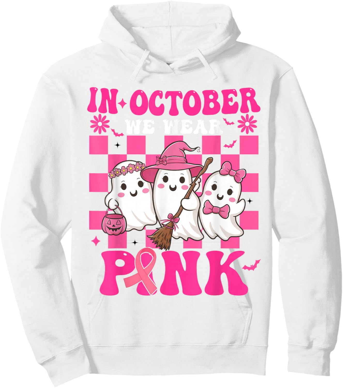 Groovy Wear Pink Breast Cancer Warrior Cute Ghost Halloween Hoodie - Hoodie | White