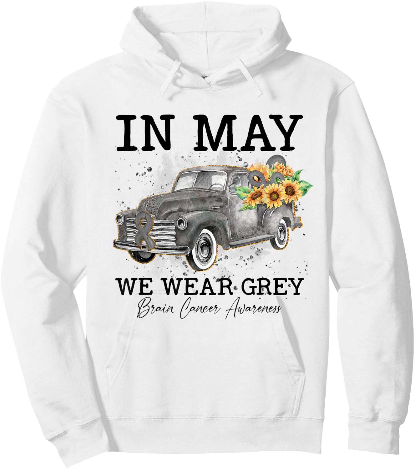 In May We Wear Gray Floral Truck Brain Cancer Awareness Hoodie - Hoodie | White