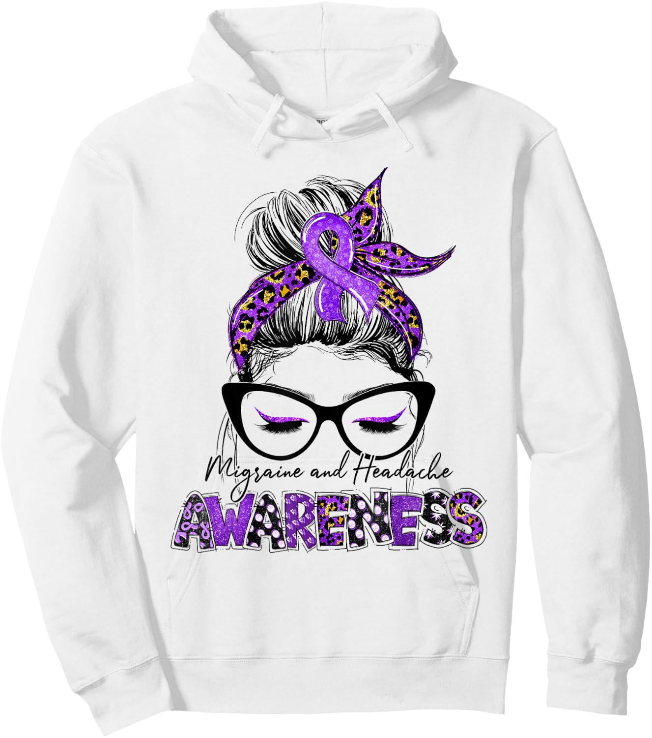 Purple Ribbon Messy Bun Migraine Headache Awareness Month Hoodie - Hoodie | White