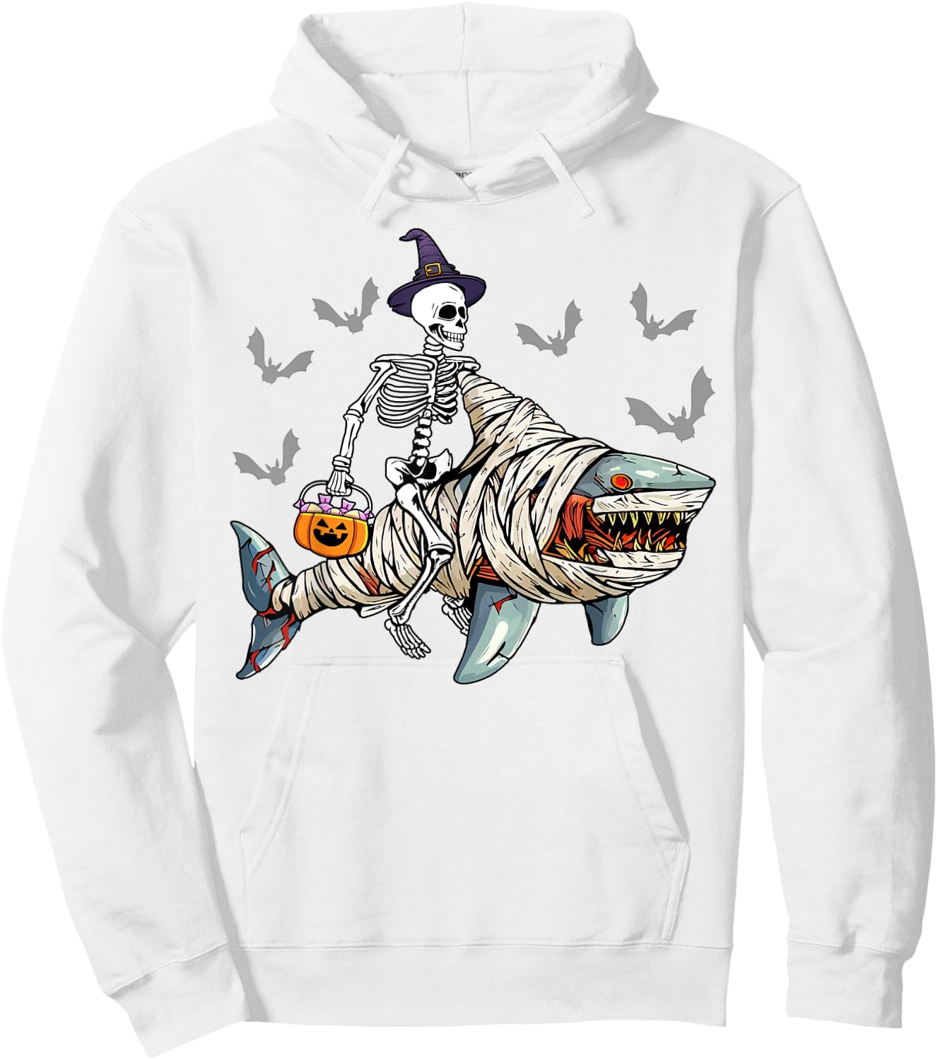 Skeleton Riding Mummy Shark Funny Halloween Pumpkin Witch Hoodie - Hoodie | White