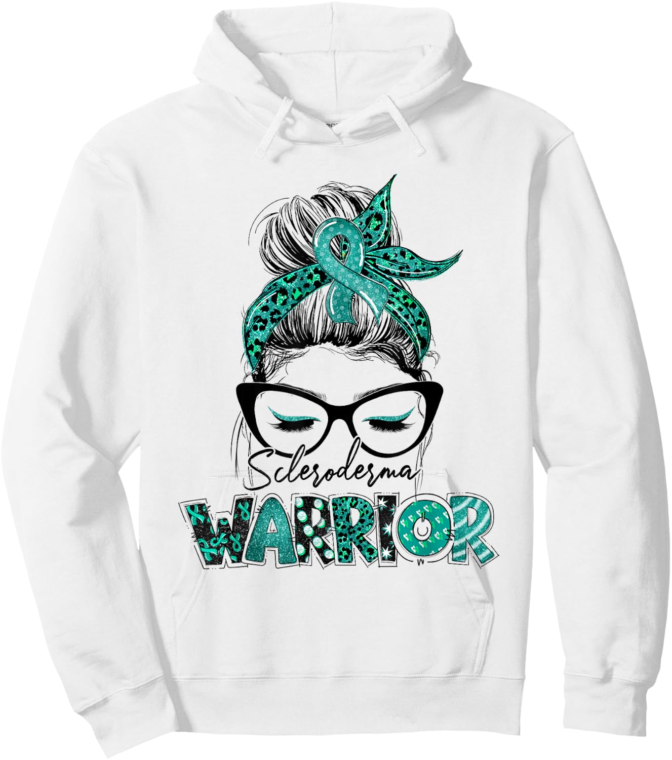 Teal Ribbon Messy Bun Hair Scleroderma Warrior Hoodie - Hoodie | White