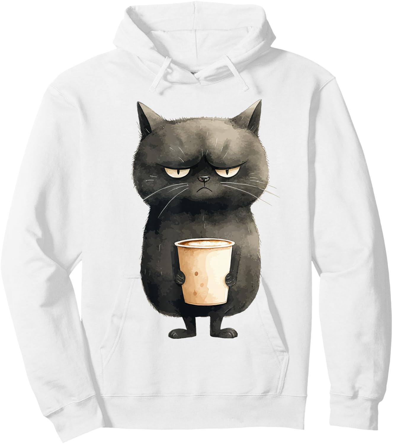 Grumpy Black Cat with Latte Coffee Hoodie - Hoodie | White