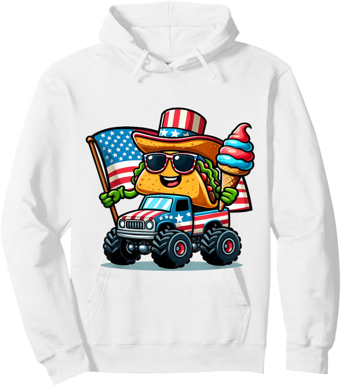 Funny Taco Riding Monster Truck holding ice cream 4 of July Hoodie - Hoodie | White