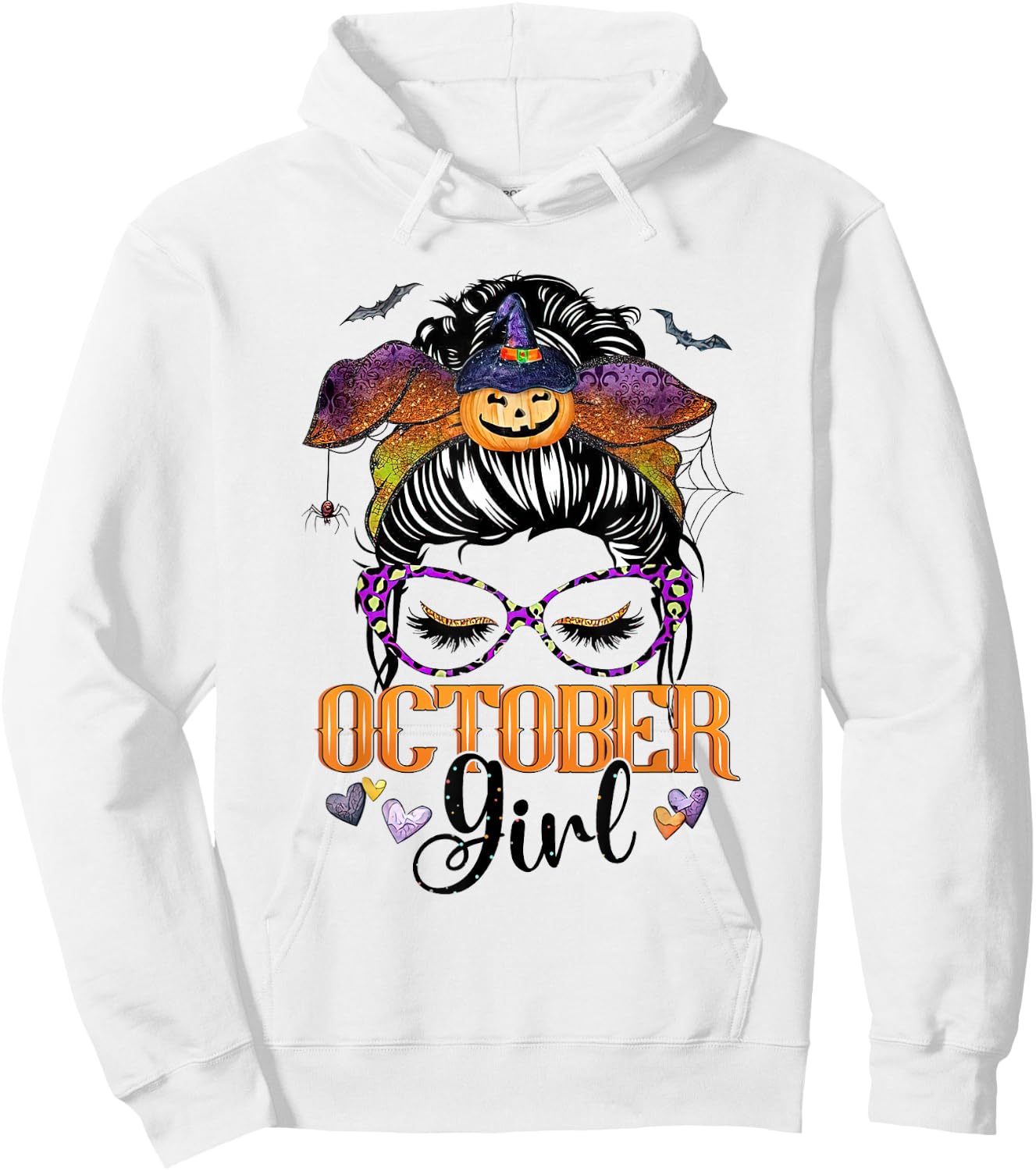 October Girl Halloween Messy Bun Lady Hair Glasses Bandana Hoodie - Hoodie | White