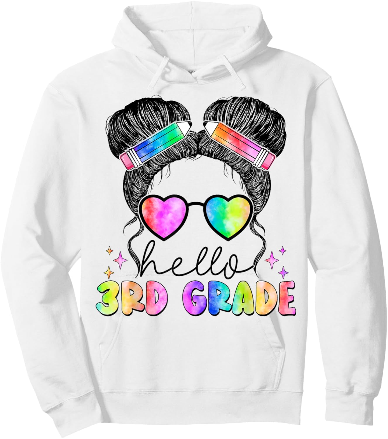Messy Hair Bun Girl Back To School First Day Hello 3rd Grade Hoodie - Hoodie | White