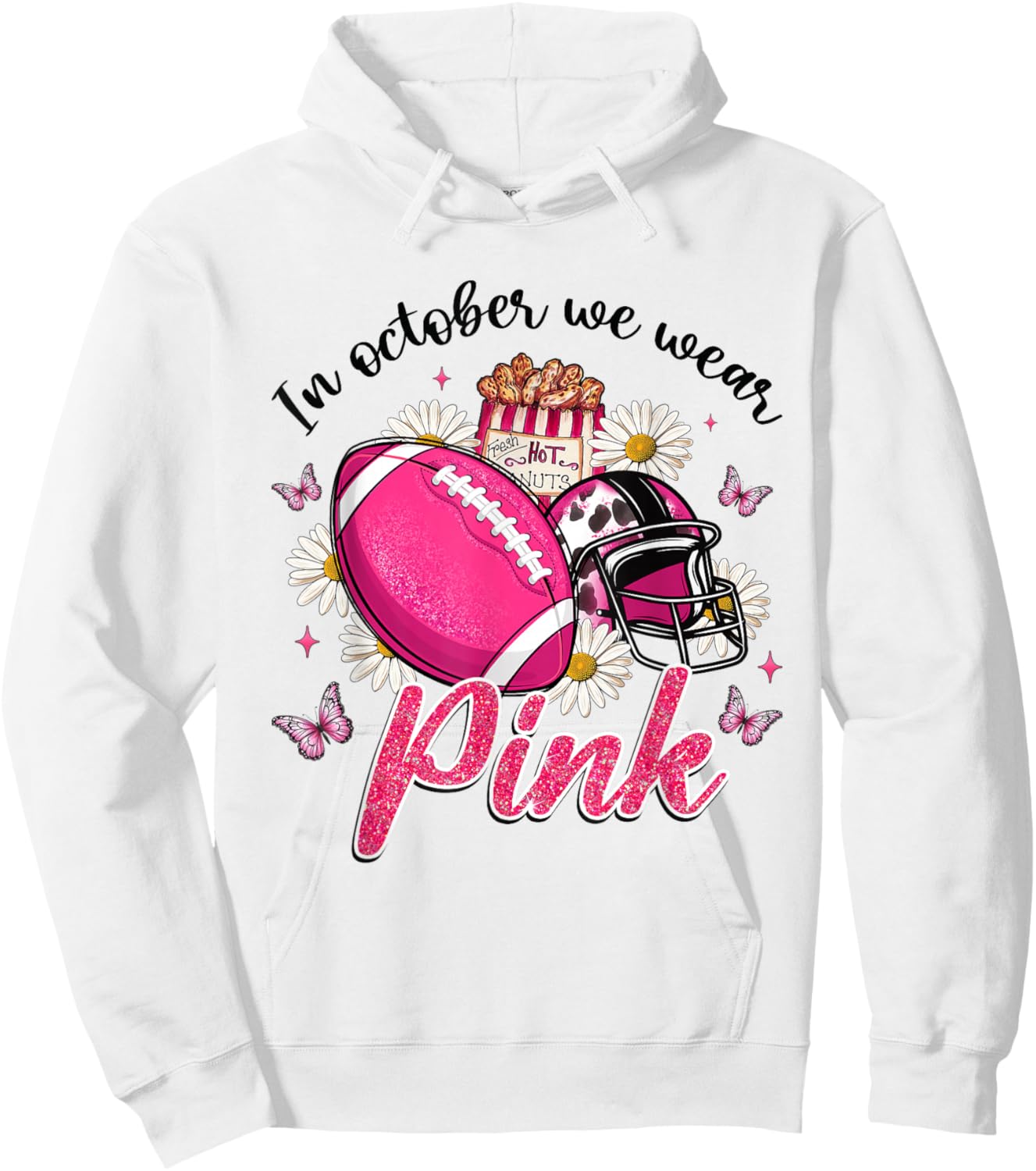 In October We Wear Pink Football Butterfly Breast Cancer Hoodie - Hoodie | White